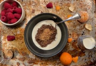 buckwheat-teff cereal in a bowl of milk